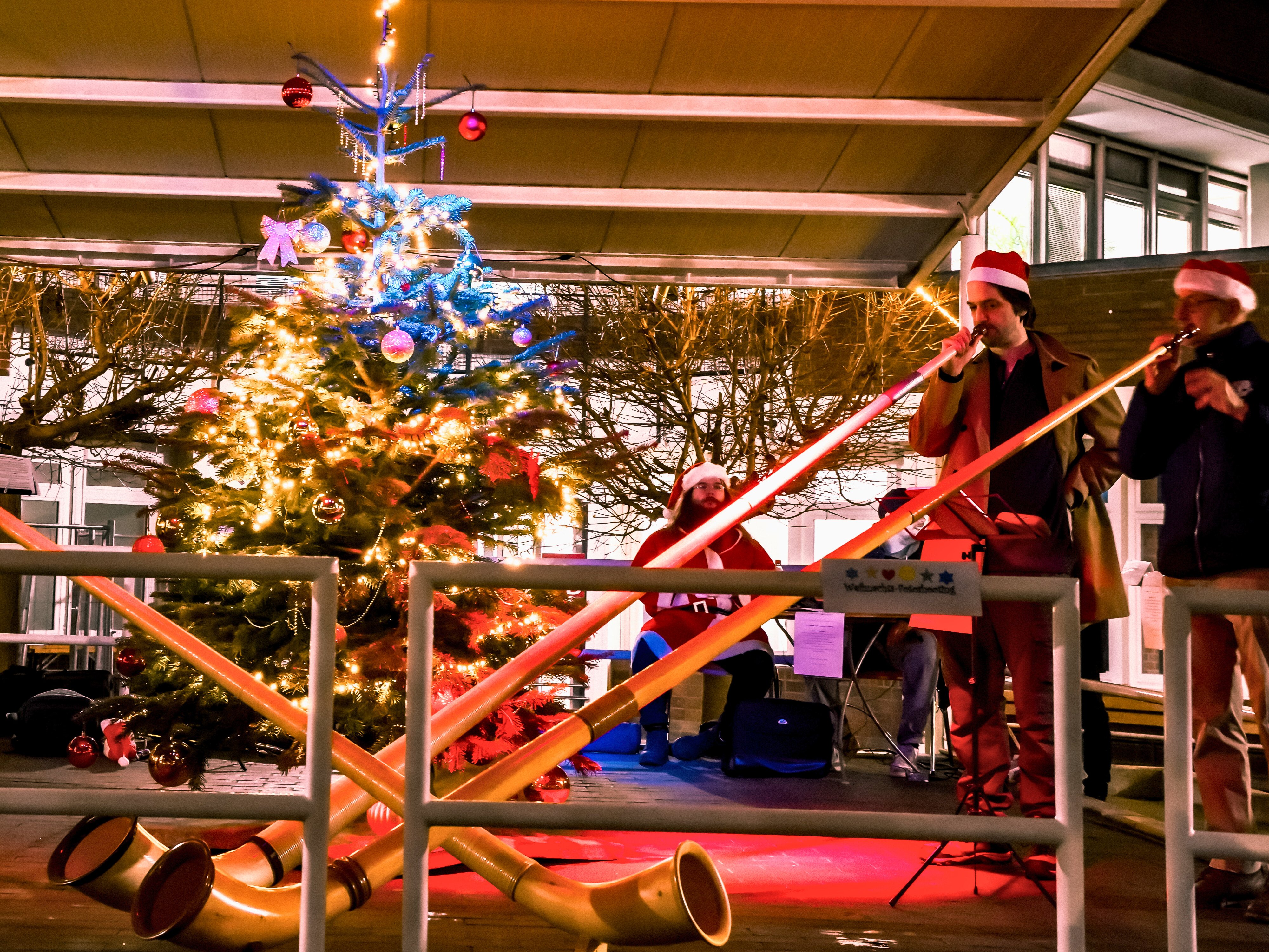 Drei Personen spielen Alphorn vor einem geschmückten Tannenbaum