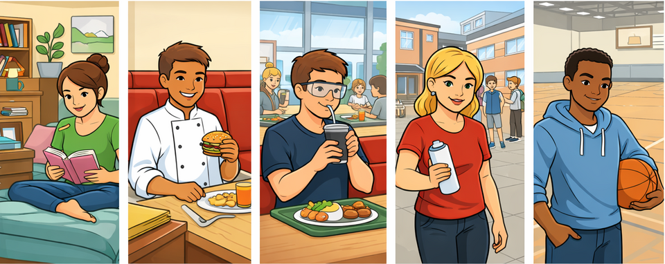 Fünf Bilder von Auzubildenden in Comic-Form bei verschiedenen Freizeitaktivitäten