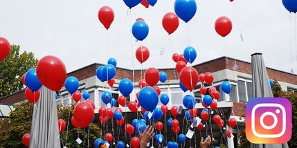 Schmuckbild: Luftballons vorm ALBBW-Gebäude und Instagram-Logo